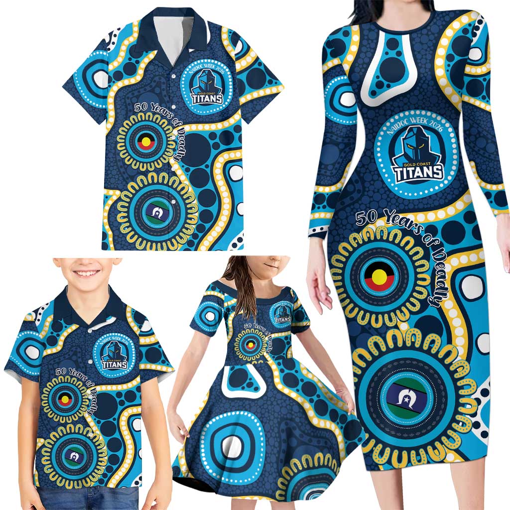 Titans NAIDOC Week 2026 Personalised Family Matching Long Sleeve Bodycon Dress and Hawaiian Shirt 50 Years of Deadly Aboriginal Art