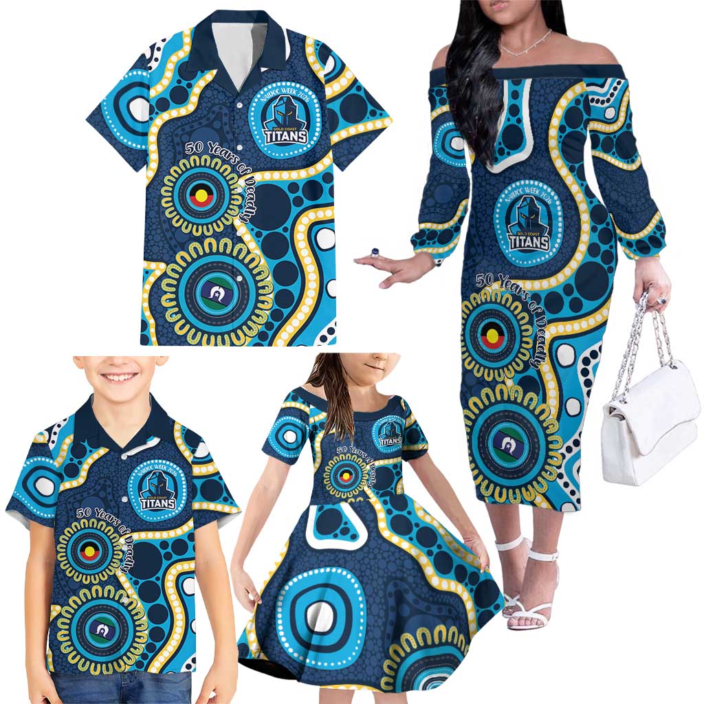 Titans NAIDOC Week 2026 Personalised Family Matching Off The Shoulder Long Sleeve Dress and Hawaiian Shirt 50 Years of Deadly Aboriginal Art