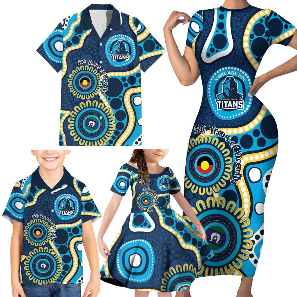 Titans NAIDOC Week 2026 Personalised Family Matching Short Sleeve Bodycon Dress and Hawaiian Shirt 50 Years of Deadly Aboriginal Art