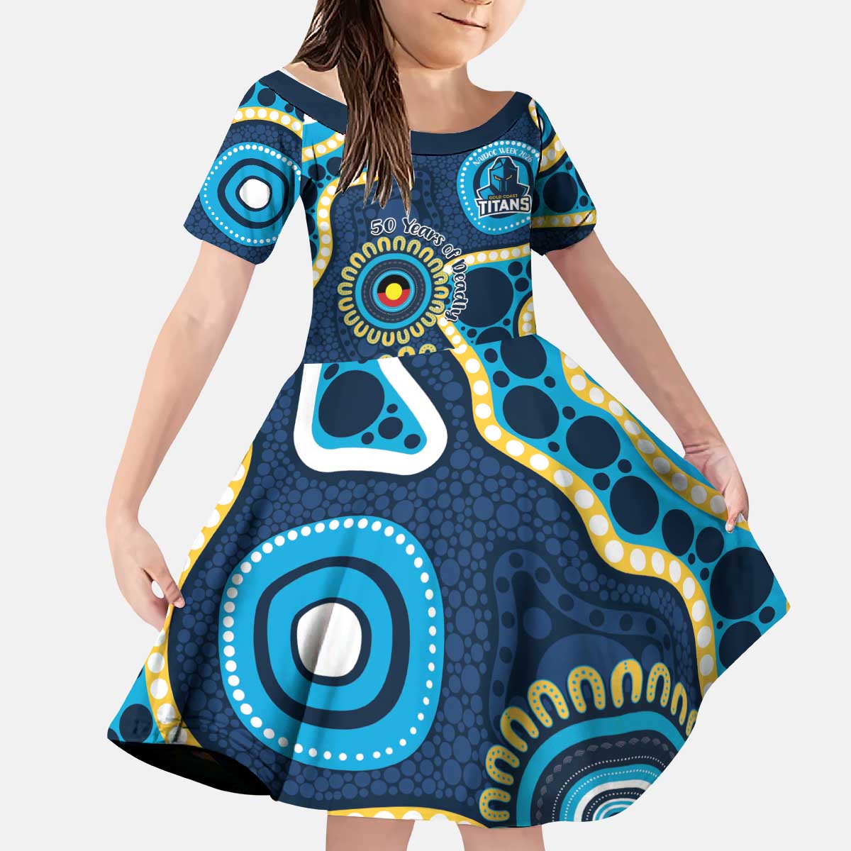 Titans NAIDOC Week 2026 Personalised Kid Short Sleeve Dress 50 Years of Deadly Aboriginal Art