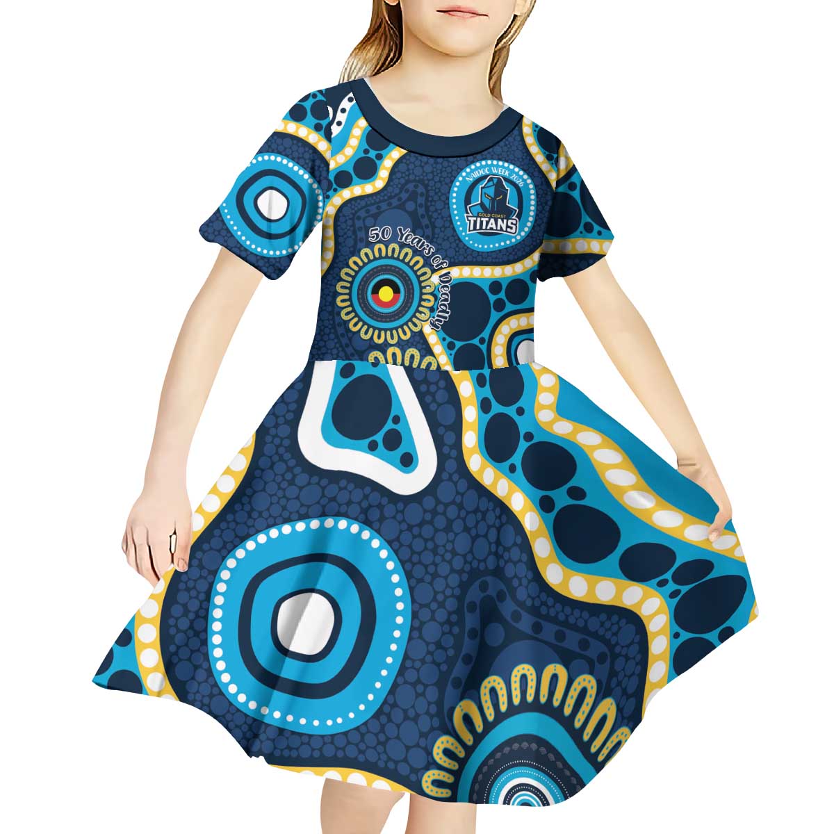 Titans NAIDOC Week 2026 Personalised Kid Short Sleeve Dress 50 Years of Deadly Aboriginal Art