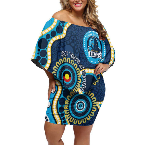 Titans NAIDOC Week 2026 Personalised Off Shoulder Short Dress 50 Years of Deadly Aboriginal Art