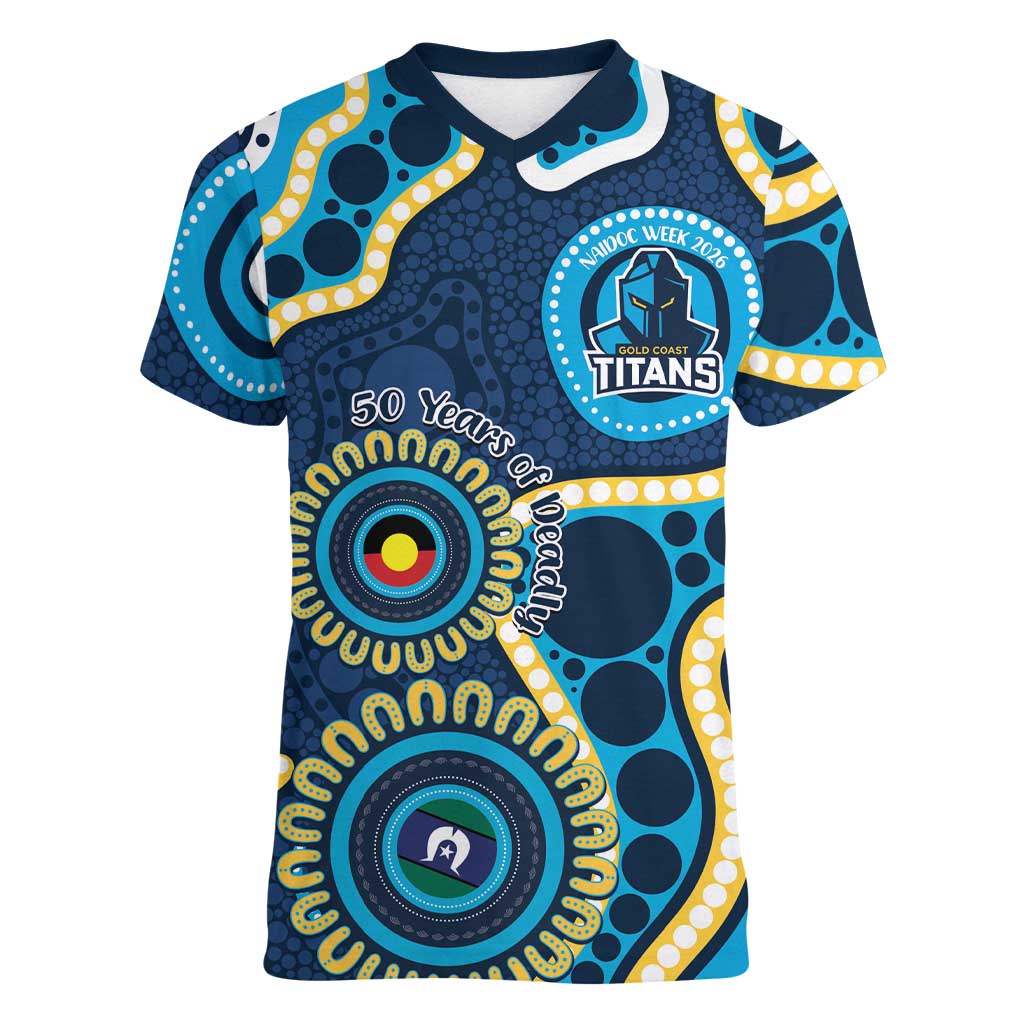 Titans NAIDOC Week 2026 Personalised Women V-Neck T-Shirt 50 Years of Deadly Aboriginal Art
