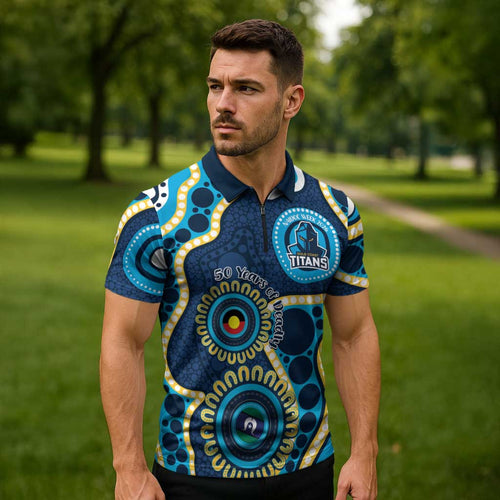 Titans NAIDOC Week 2026 Personalised Zipper Polo Shirt 50 Years of Deadly Aboriginal Art