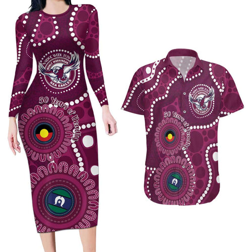Sea Eagles NAIDOC Week 2026 Personalised Couples Matching Long Sleeve Bodycon Dress and Hawaiian Shirt 50 Years of Deadly Aboriginal Art