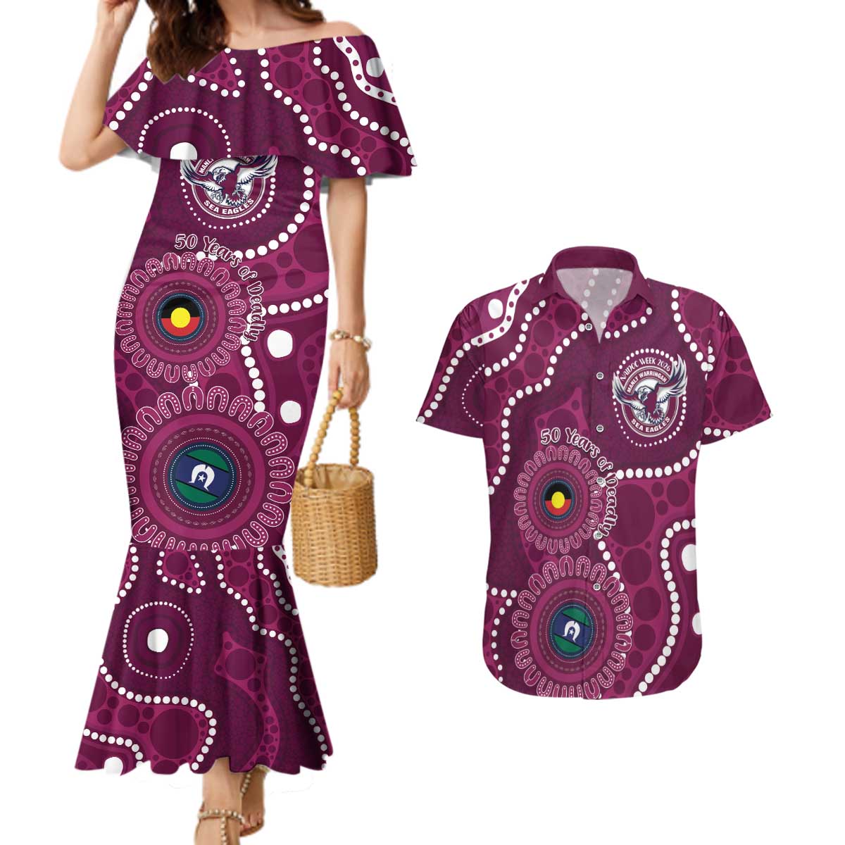 Sea Eagles NAIDOC Week 2026 Personalised Couples Matching Mermaid Dress and Hawaiian Shirt 50 Years of Deadly Aboriginal Art