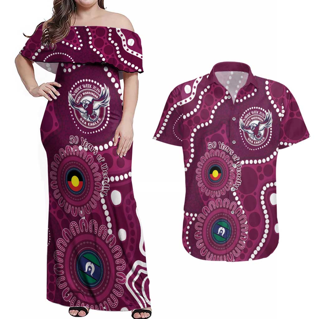 Sea Eagles NAIDOC Week 2026 Personalised Couples Matching Off Shoulder Maxi Dress and Hawaiian Shirt 50 Years of Deadly Aboriginal Art