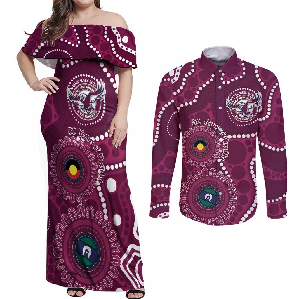 Sea Eagles NAIDOC Week 2026 Personalised Couples Matching Off Shoulder Maxi Dress and Long Sleeve Button Shirt 50 Years of Deadly Aboriginal Art