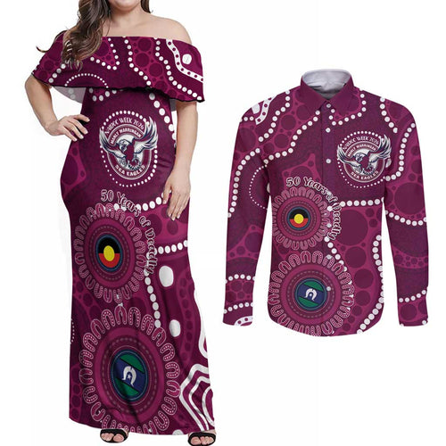 Sea Eagles NAIDOC Week 2026 Personalised Couples Matching Off Shoulder Maxi Dress and Long Sleeve Button Shirt 50 Years of Deadly Aboriginal Art