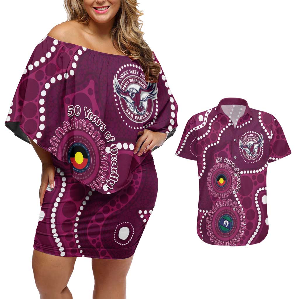 Sea Eagles NAIDOC Week 2026 Personalised Couples Matching Off Shoulder Short Dress and Hawaiian Shirt 50 Years of Deadly Aboriginal Art