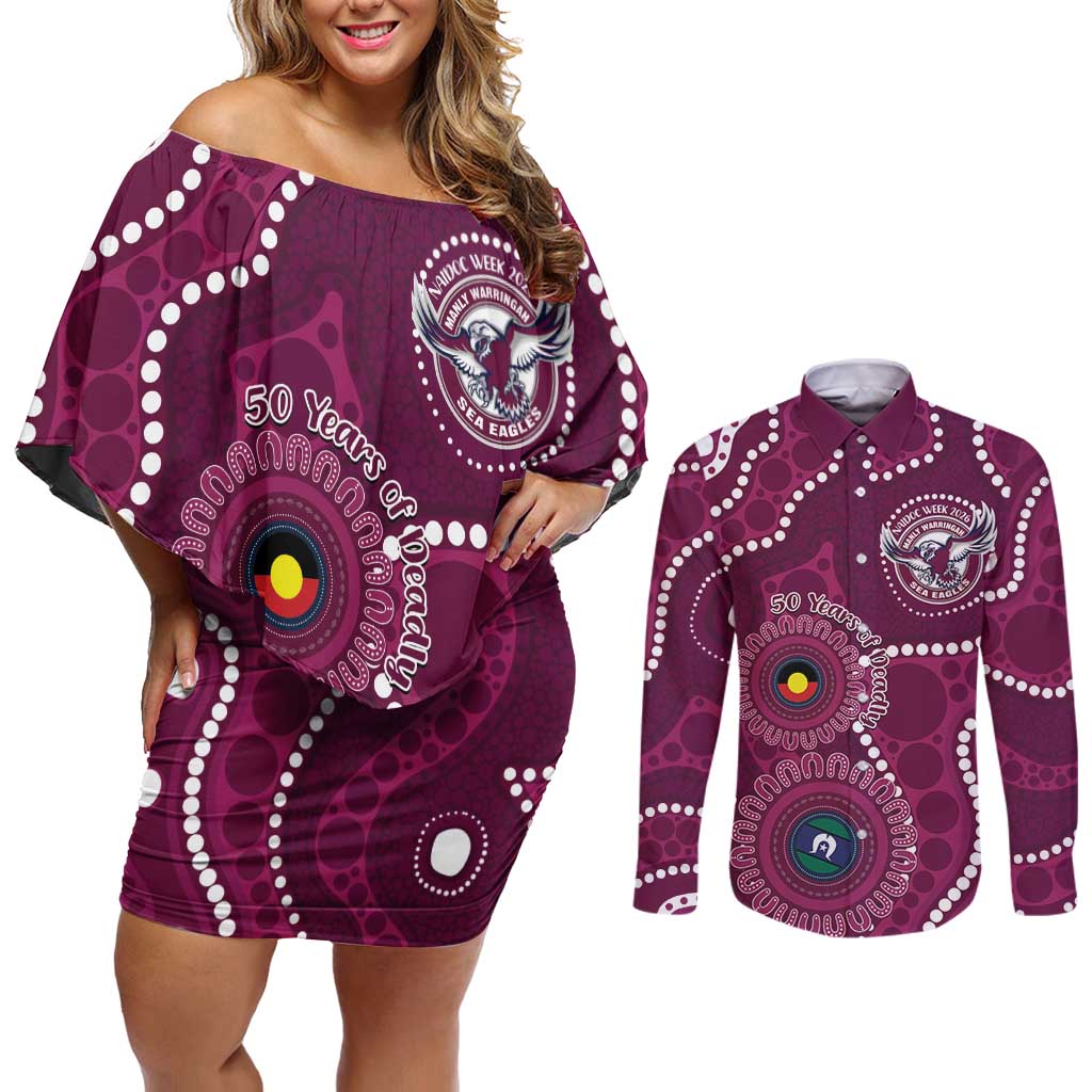 Sea Eagles NAIDOC Week 2026 Personalised Couples Matching Off Shoulder Short Dress and Long Sleeve Button Shirt 50 Years of Deadly Aboriginal Art