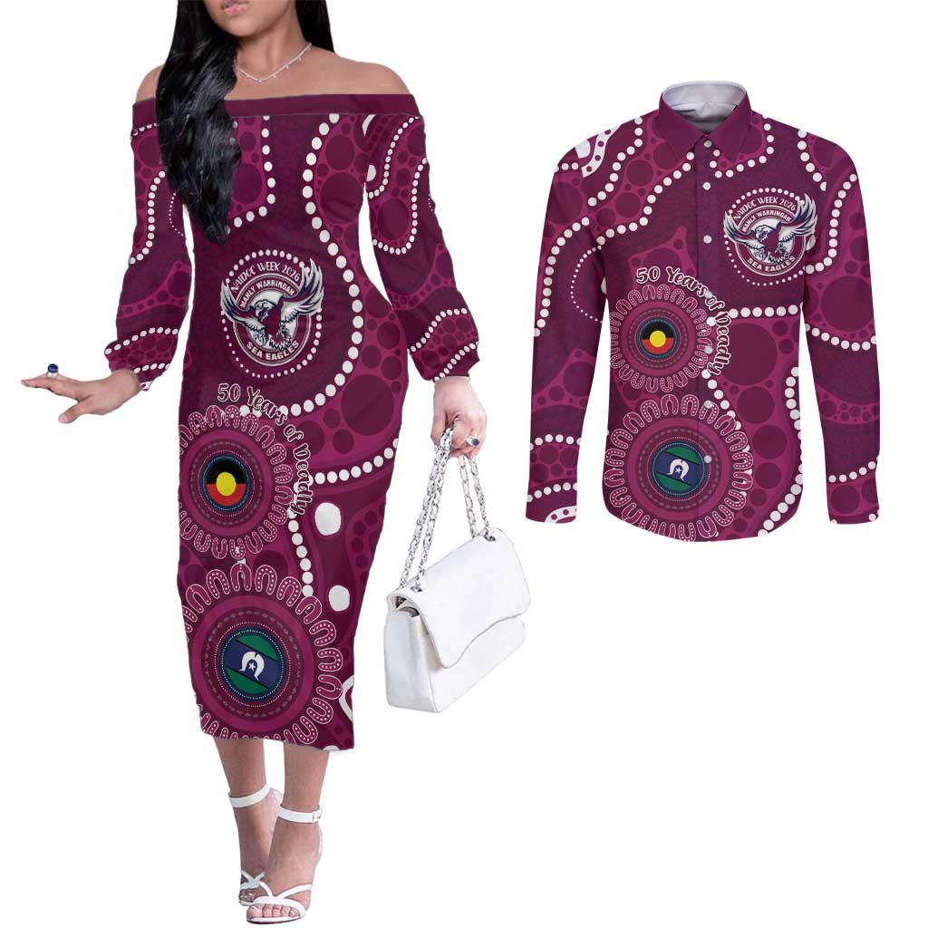 Sea Eagles NAIDOC Week 2026 Personalised Couples Matching Off The Shoulder Long Sleeve Dress and Long Sleeve Button Shirt 50 Years of Deadly Aboriginal Art