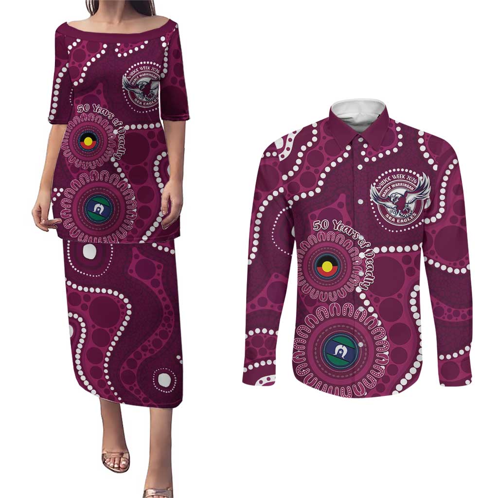 Sea Eagles NAIDOC Week 2026 Personalised Couples Matching Puletasi and Long Sleeve Button Shirt 50 Years of Deadly Aboriginal Art