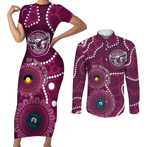 Sea Eagles NAIDOC Week 2026 Personalised Couples Matching Short Sleeve Bodycon Dress and Long Sleeve Button Shirt 50 Years of Deadly Aboriginal Art