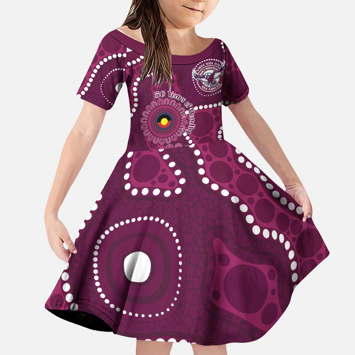 Sea Eagles NAIDOC Week 2026 Personalised Kid Short Sleeve Dress 50 Years of Deadly Aboriginal Art