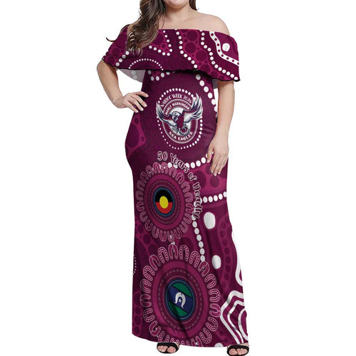 Sea Eagles NAIDOC Week 2026 Personalised Off Shoulder Maxi Dress 50 Years of Deadly Aboriginal Art