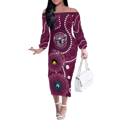 Sea Eagles NAIDOC Week 2026 Personalised Off The Shoulder Long Sleeve Dress 50 Years of Deadly Aboriginal Art