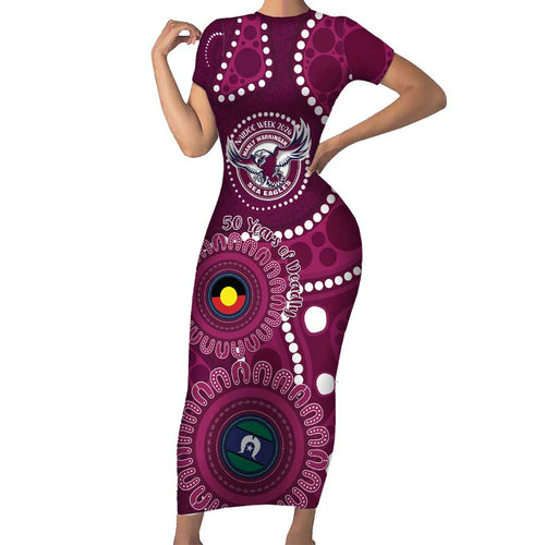 Sea Eagles NAIDOC Week 2026 Personalised Short Sleeve Bodycon Dress 50 Years of Deadly Aboriginal Art