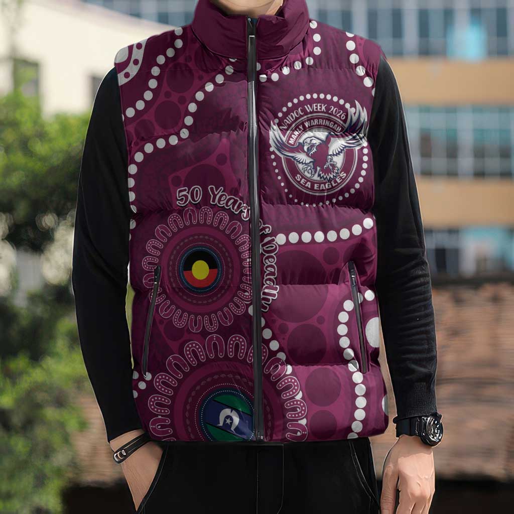 Sea Eagles NAIDOC Week 2026 Personalised Sleeveless Puffer Jacket 50 Years of Deadly Aboriginal Art