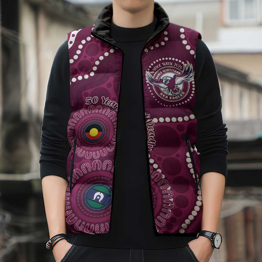 Sea Eagles NAIDOC Week 2026 Personalised Sleeveless Puffer Jacket 50 Years of Deadly Aboriginal Art