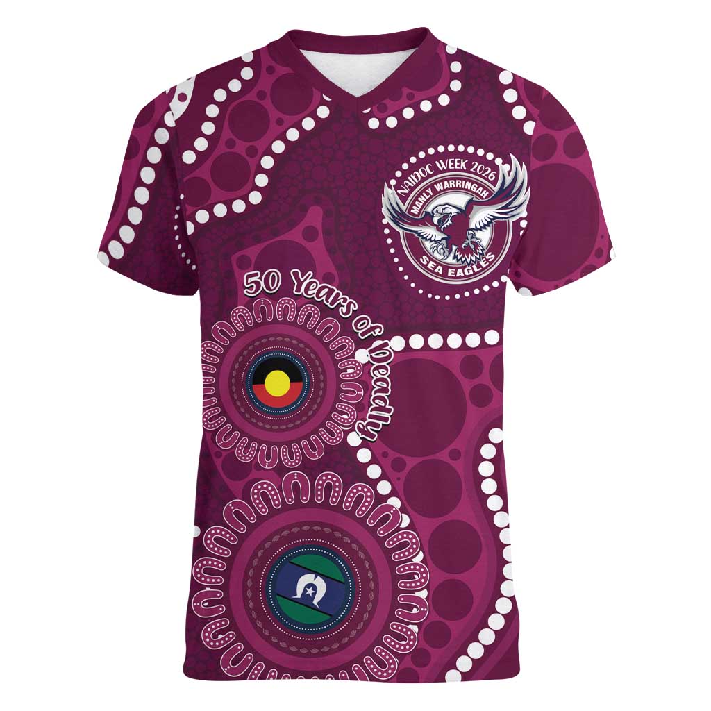 Sea Eagles NAIDOC Week 2026 Personalised Women V-Neck T-Shirt 50 Years of Deadly Aboriginal Art