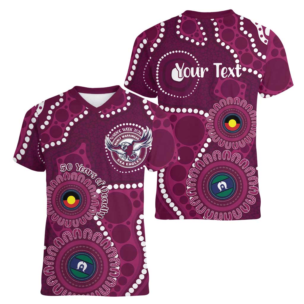 Sea Eagles NAIDOC Week 2026 Personalised Women V-Neck T-Shirt 50 Years of Deadly Aboriginal Art