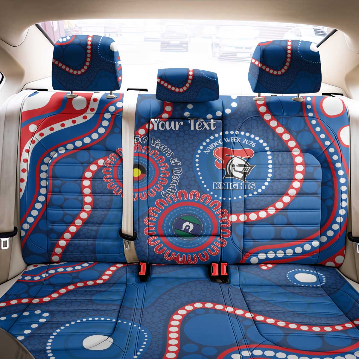Knights NAIDOC Week 2026 Personalised Back Car Seat Cover 50 Years of Deadly Aboriginal Art