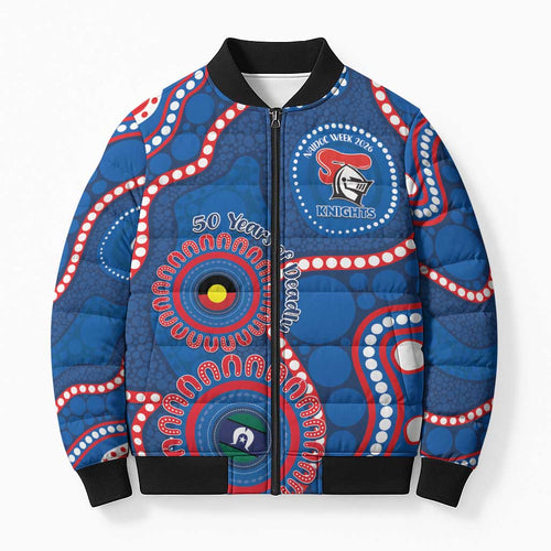 Knights NAIDOC Week 2026 Personalised Bomber Puffer Jacket 50 Years of Deadly Aboriginal Art