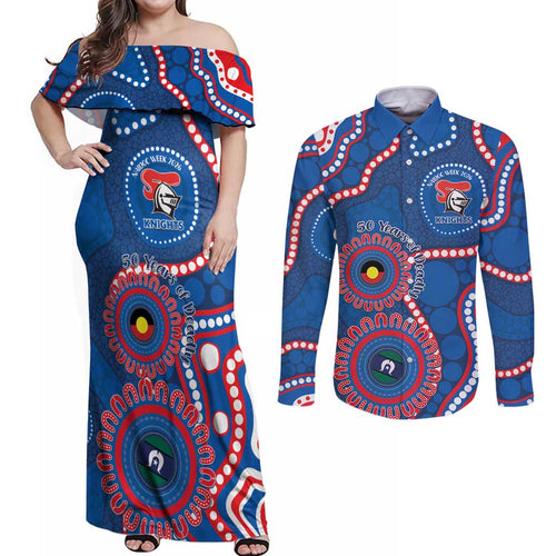 Knights NAIDOC Week 2026 Personalised Couples Matching Off Shoulder Maxi Dress and Long Sleeve Button Shirt 50 Years of Deadly Aboriginal Art