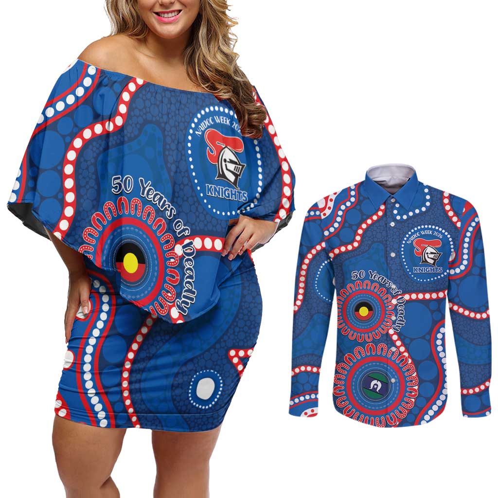 Knights NAIDOC Week 2026 Personalised Couples Matching Off Shoulder Short Dress and Long Sleeve Button Shirt 50 Years of Deadly Aboriginal Art