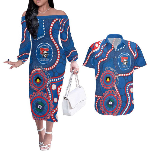 Knights NAIDOC Week 2026 Personalised Couples Matching Off The Shoulder Long Sleeve Dress and Hawaiian Shirt 50 Years of Deadly Aboriginal Art