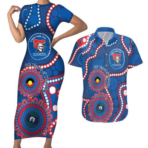 Knights NAIDOC Week 2026 Personalised Couples Matching Short Sleeve Bodycon Dress and Hawaiian Shirt 50 Years of Deadly Aboriginal Art