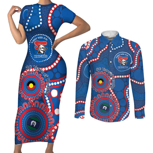 Knights NAIDOC Week 2026 Personalised Couples Matching Short Sleeve Bodycon Dress and Long Sleeve Button Shirt 50 Years of Deadly Aboriginal Art