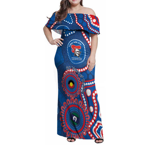 Knights NAIDOC Week 2026 Personalised Family Matching Off Shoulder Maxi Dress and Hawaiian Shirt 50 Years of Deadly Aboriginal Art