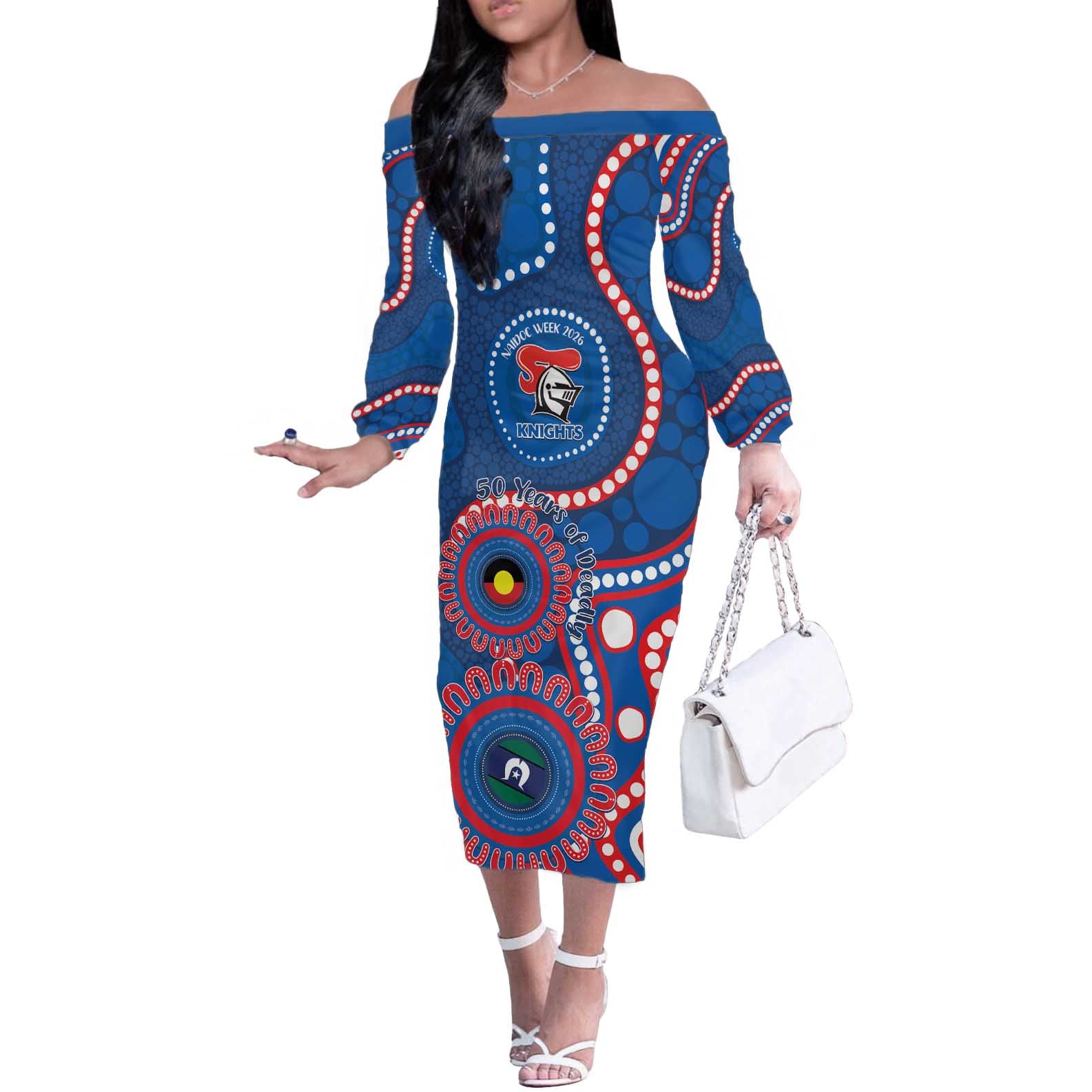 Knights NAIDOC Week 2026 Personalised Off The Shoulder Long Sleeve Dress 50 Years of Deadly Aboriginal Art