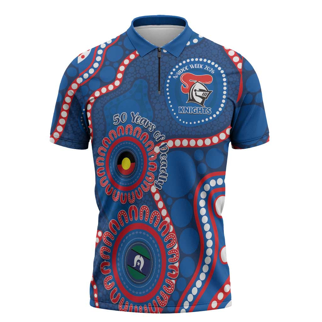 Knights NAIDOC Week 2026 Personalised Zipper Polo Shirt 50 Years of Deadly Aboriginal Art