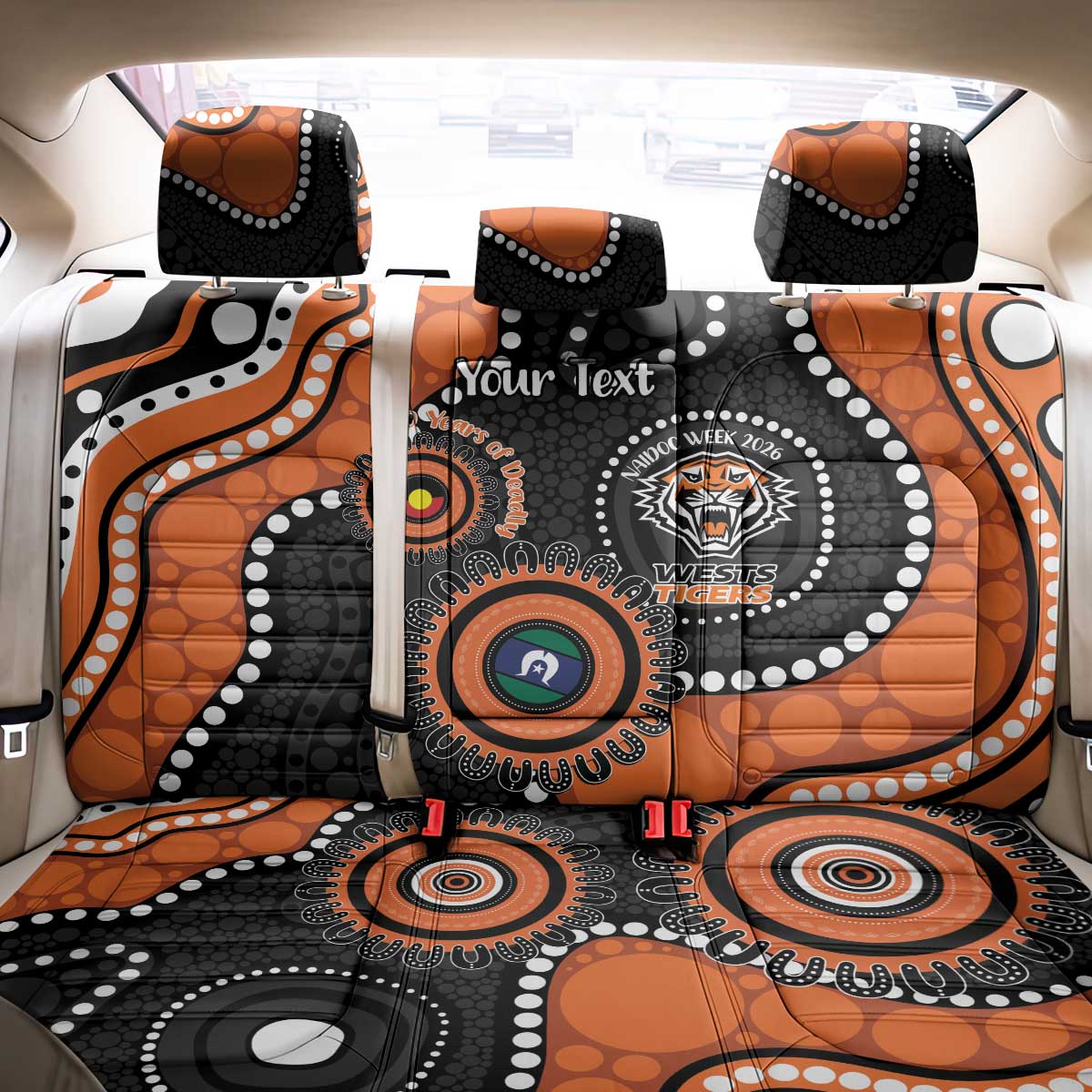 Tigers NAIDOC Week 2026 Personalised Back Car Seat Cover 50 Years of Deadly Aboriginal Art