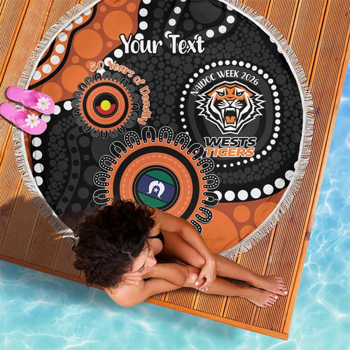 Tigers NAIDOC Week 2026 Personalised Beach Blanket 50 Years of Deadly Aboriginal Art