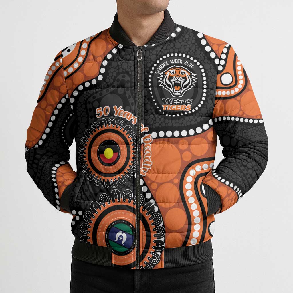 Tigers NAIDOC Week 2026 Personalised Bomber Puffer Jacket 50 Years of Deadly Aboriginal Art