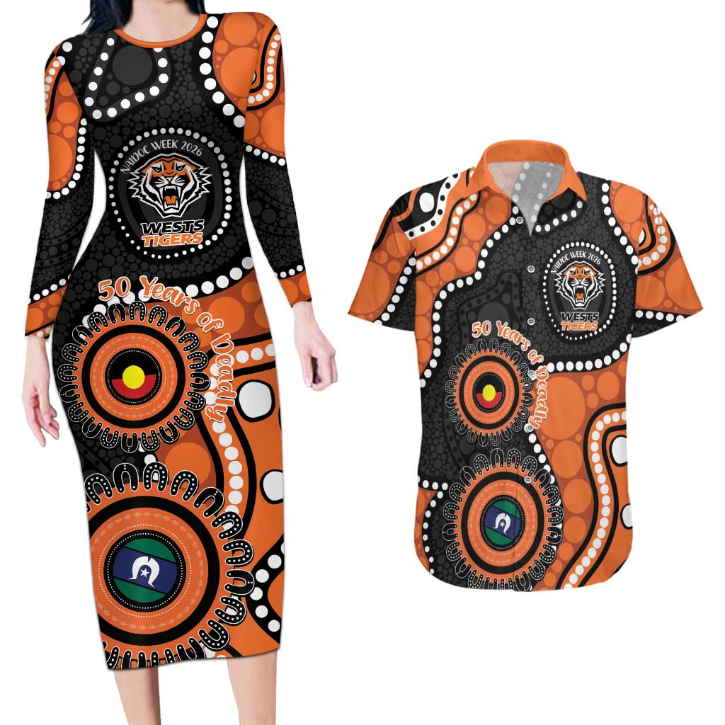 Tigers NAIDOC Week 2026 Personalised Couples Matching Long Sleeve Bodycon Dress and Hawaiian Shirt 50 Years of Deadly Aboriginal Art