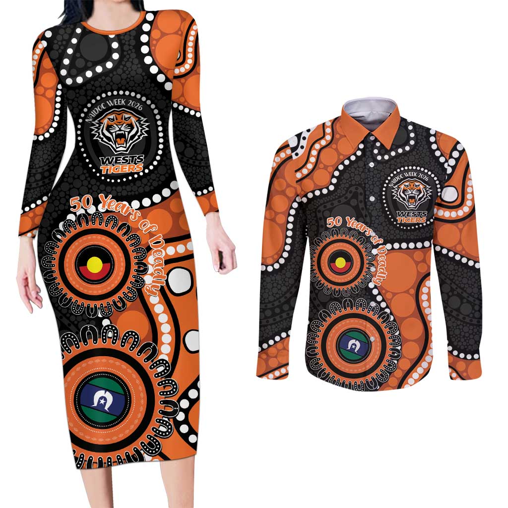 Tigers NAIDOC Week 2026 Personalised Couples Matching Long Sleeve Bodycon Dress and Long Sleeve Button Shirt 50 Years of Deadly Aboriginal Art