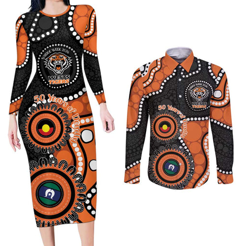 Tigers NAIDOC Week 2026 Personalised Couples Matching Long Sleeve Bodycon Dress and Long Sleeve Button Shirt 50 Years of Deadly Aboriginal Art
