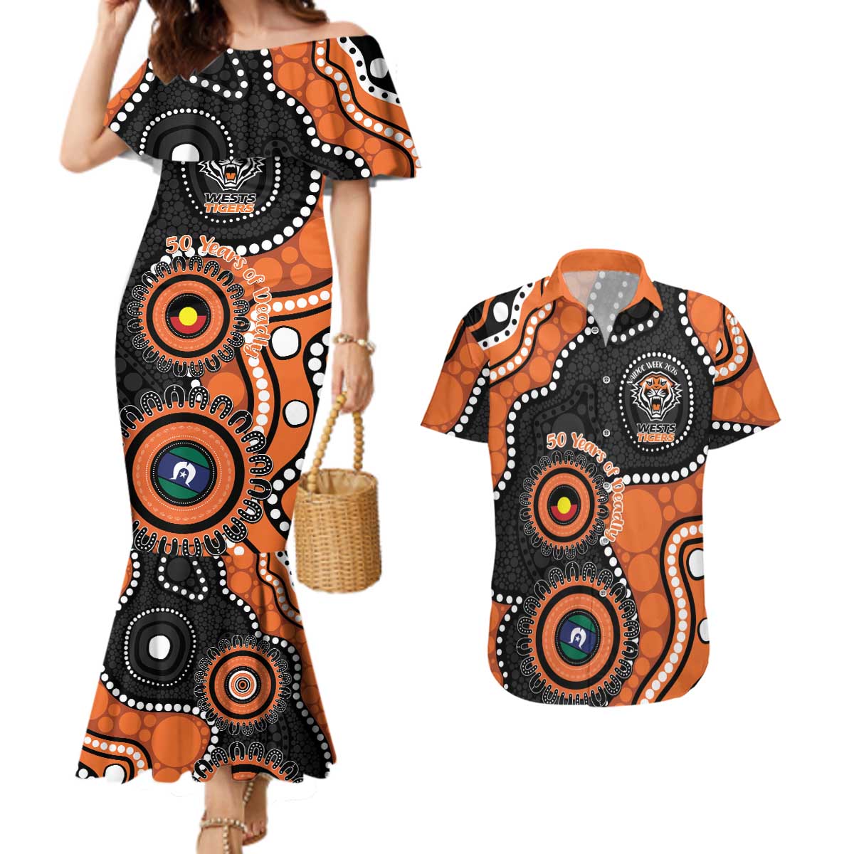 Tigers NAIDOC Week 2026 Personalised Couples Matching Mermaid Dress and Hawaiian Shirt 50 Years of Deadly Aboriginal Art