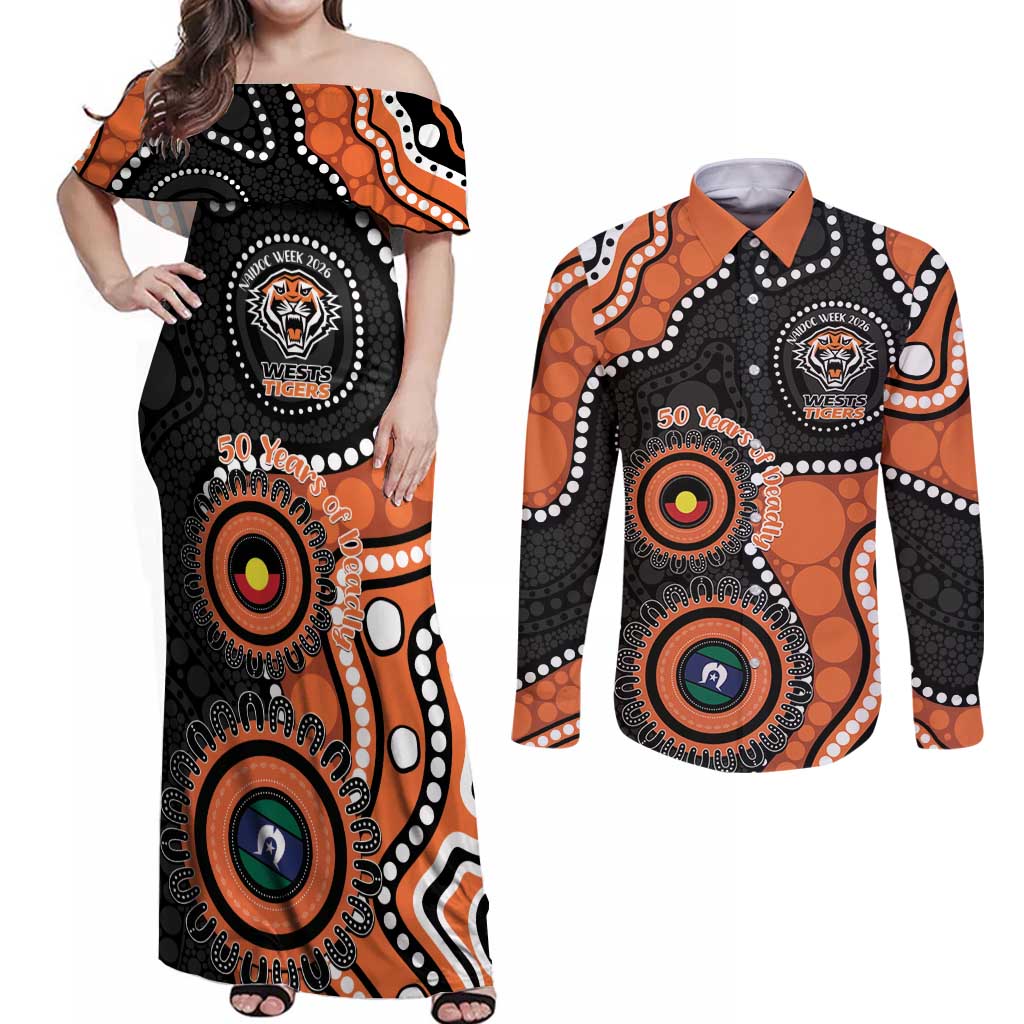 Tigers NAIDOC Week 2026 Personalised Couples Matching Off Shoulder Maxi Dress and Long Sleeve Button Shirt 50 Years of Deadly Aboriginal Art