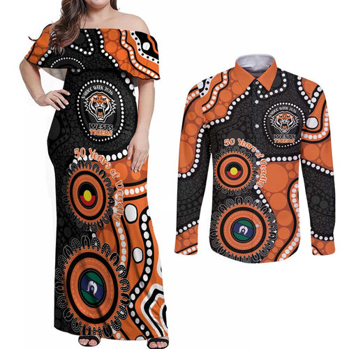 Tigers NAIDOC Week 2026 Personalised Couples Matching Off Shoulder Maxi Dress and Long Sleeve Button Shirt 50 Years of Deadly Aboriginal Art
