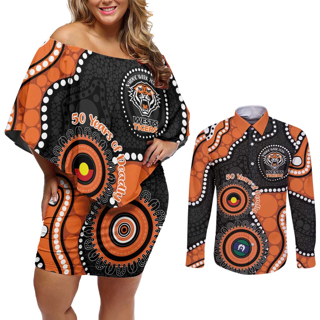 Tigers NAIDOC Week 2026 Personalised Couples Matching Off Shoulder Short Dress and Long Sleeve Button Shirt 50 Years of Deadly Aboriginal Art