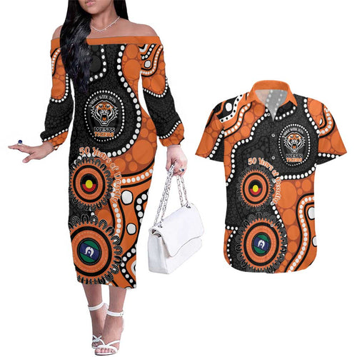 Tigers NAIDOC Week 2026 Personalised Couples Matching Off The Shoulder Long Sleeve Dress and Hawaiian Shirt 50 Years of Deadly Aboriginal Art