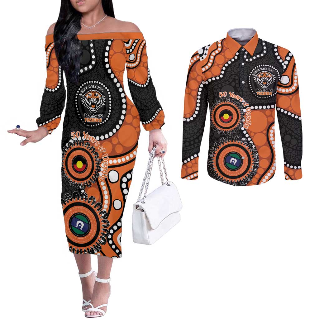 Tigers NAIDOC Week 2026 Personalised Couples Matching Off The Shoulder Long Sleeve Dress and Long Sleeve Button Shirt 50 Years of Deadly Aboriginal Art