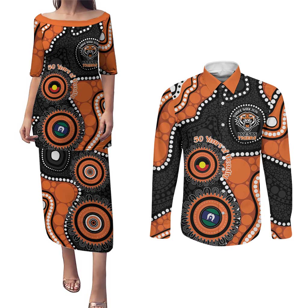 Tigers NAIDOC Week 2026 Personalised Couples Matching Puletasi and Long Sleeve Button Shirt 50 Years of Deadly Aboriginal Art