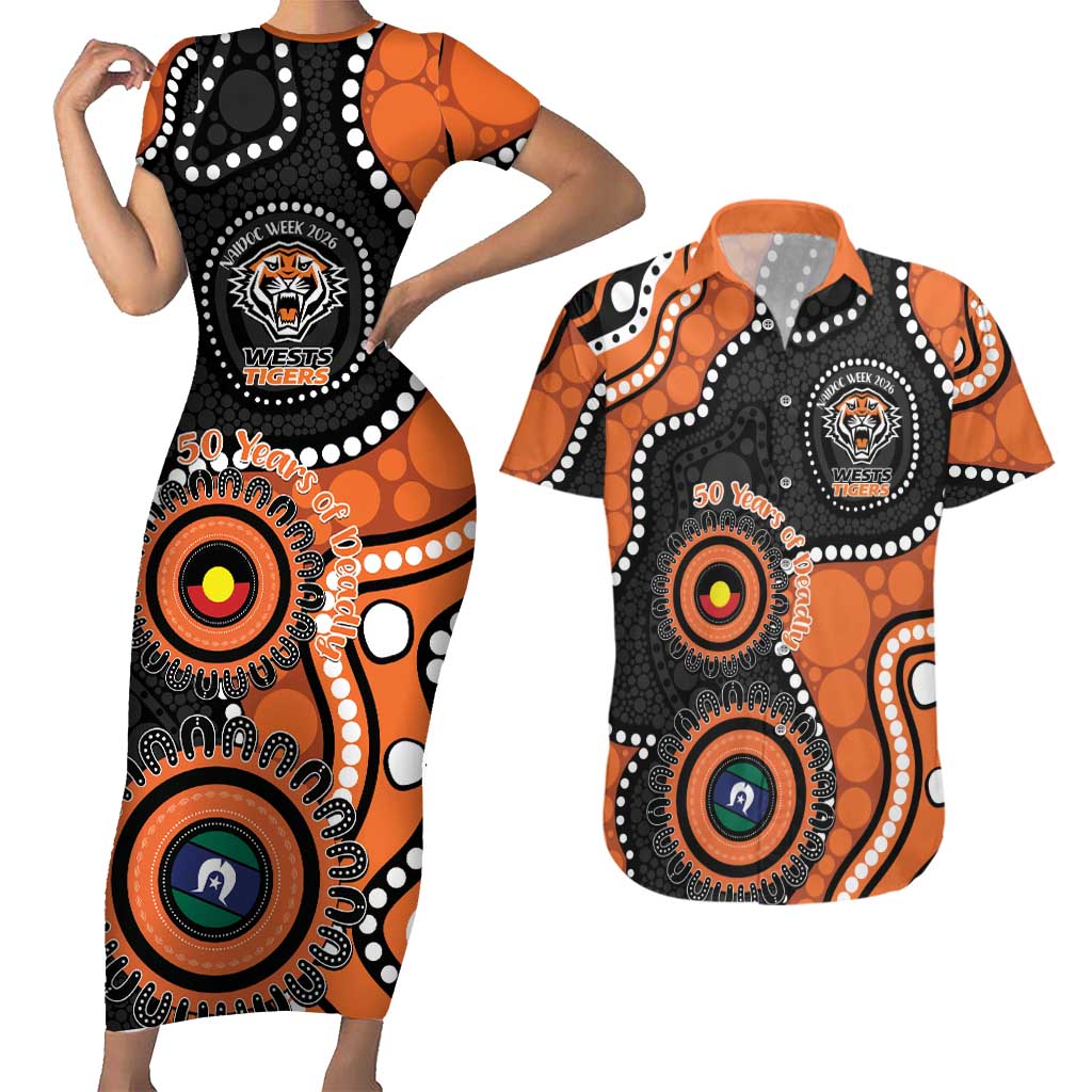 Tigers NAIDOC Week 2026 Personalised Couples Matching Short Sleeve Bodycon Dress and Hawaiian Shirt 50 Years of Deadly Aboriginal Art